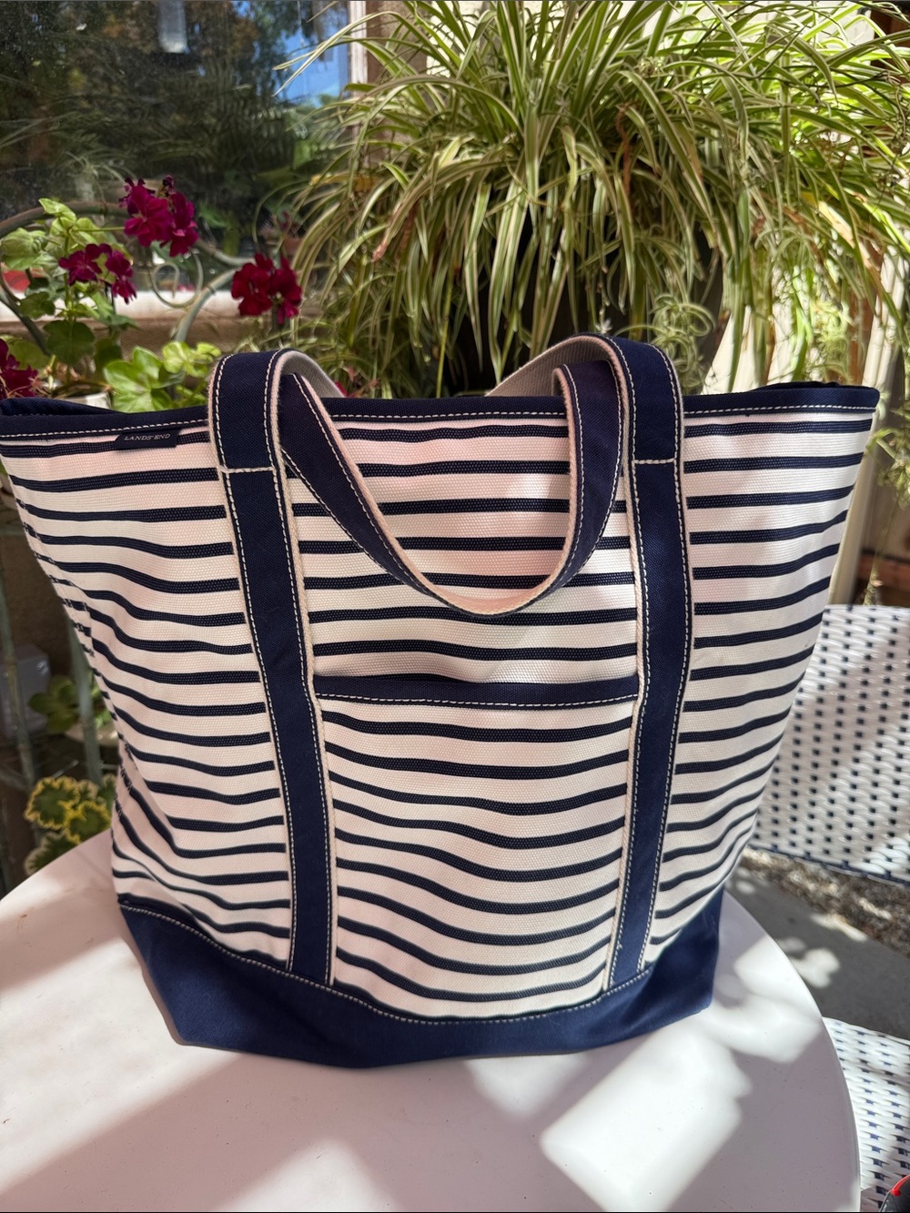 Lands' End Navy and White Striped Canvas Tote